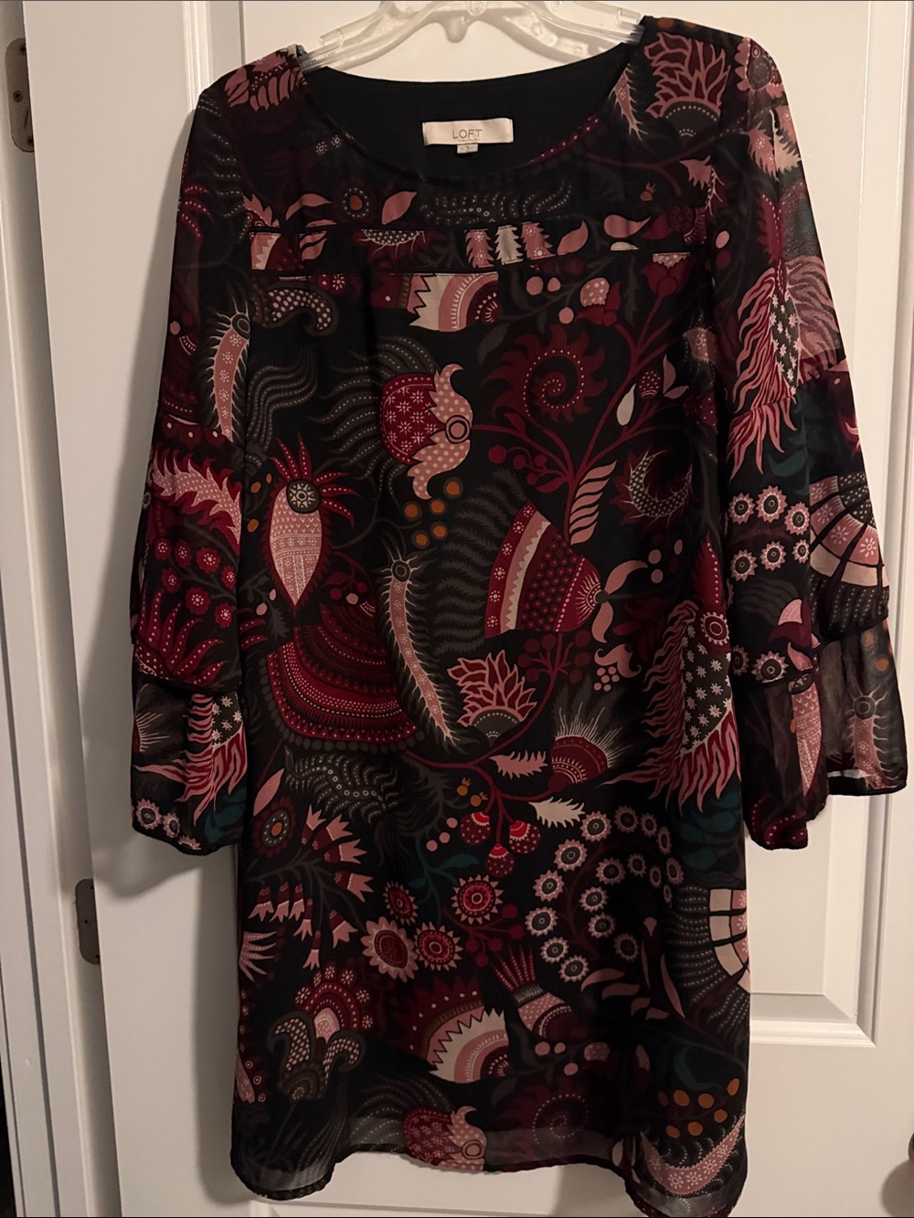 LOFT Burgundy Pink and Teal Paisley Long Sleeve Shift Dress